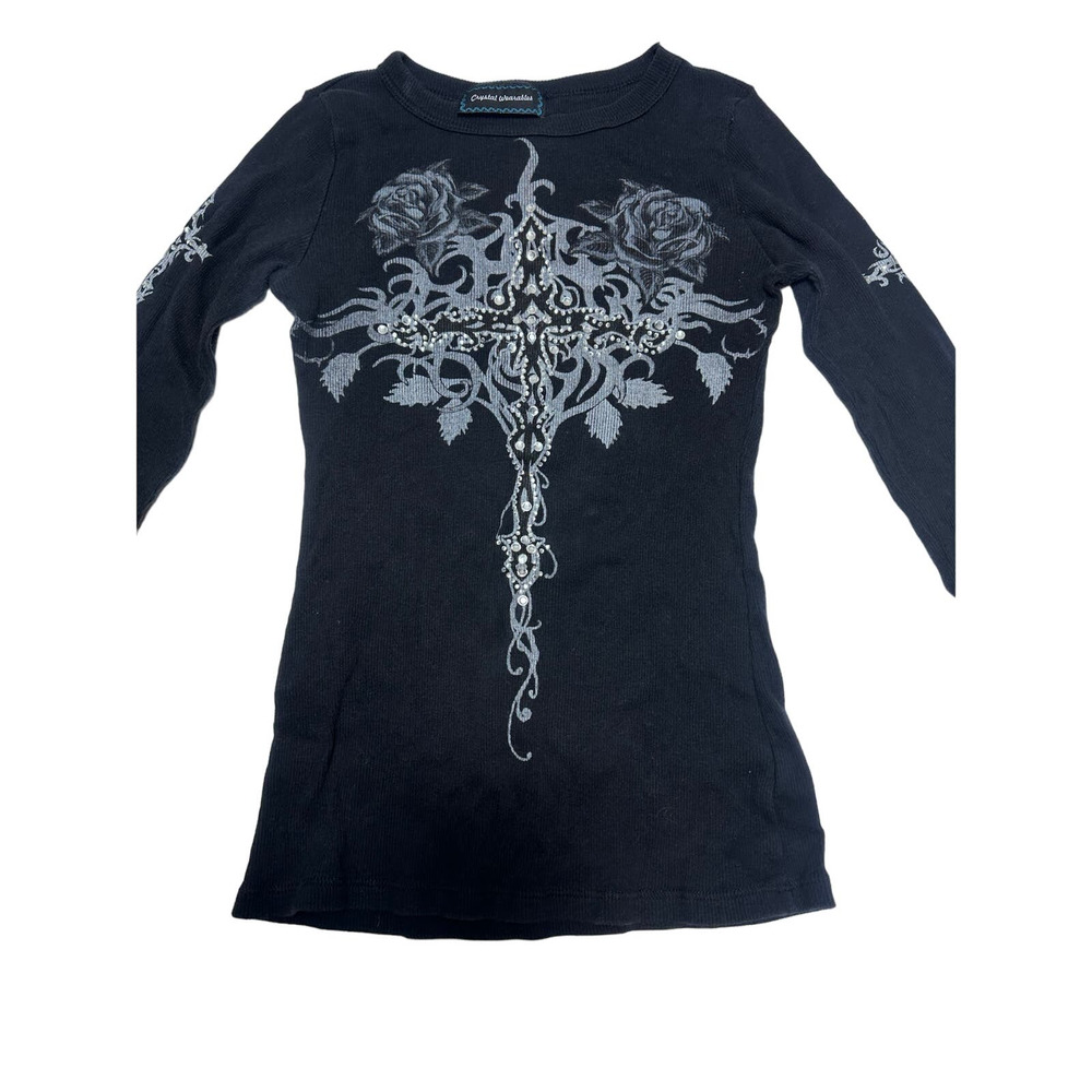 Crystal Wearables Black Crystal Ribbed Long sleeve Womens Size Small